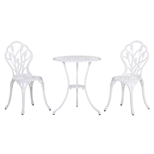 3 Pieces Patio Bistro Set, Outdoor Cast Aluminum Garden Table and Chairs with Umbrella Hole for Balcony, White