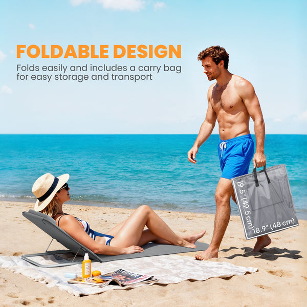 2 Pieces Beach Lounge Chair, Outdoor Folding Chaise Lounge Set w/ Pillow for Sunbath, Snap, Grey