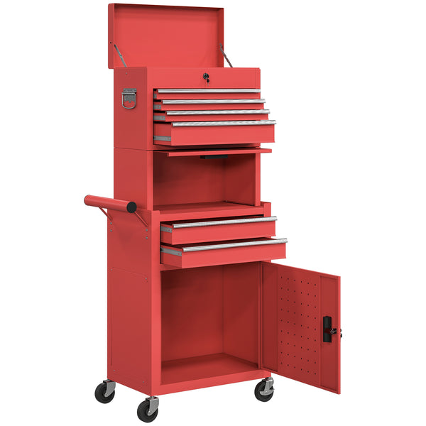 3-in-1 rolling tool chest, 6 drawers and perforated panel, red.