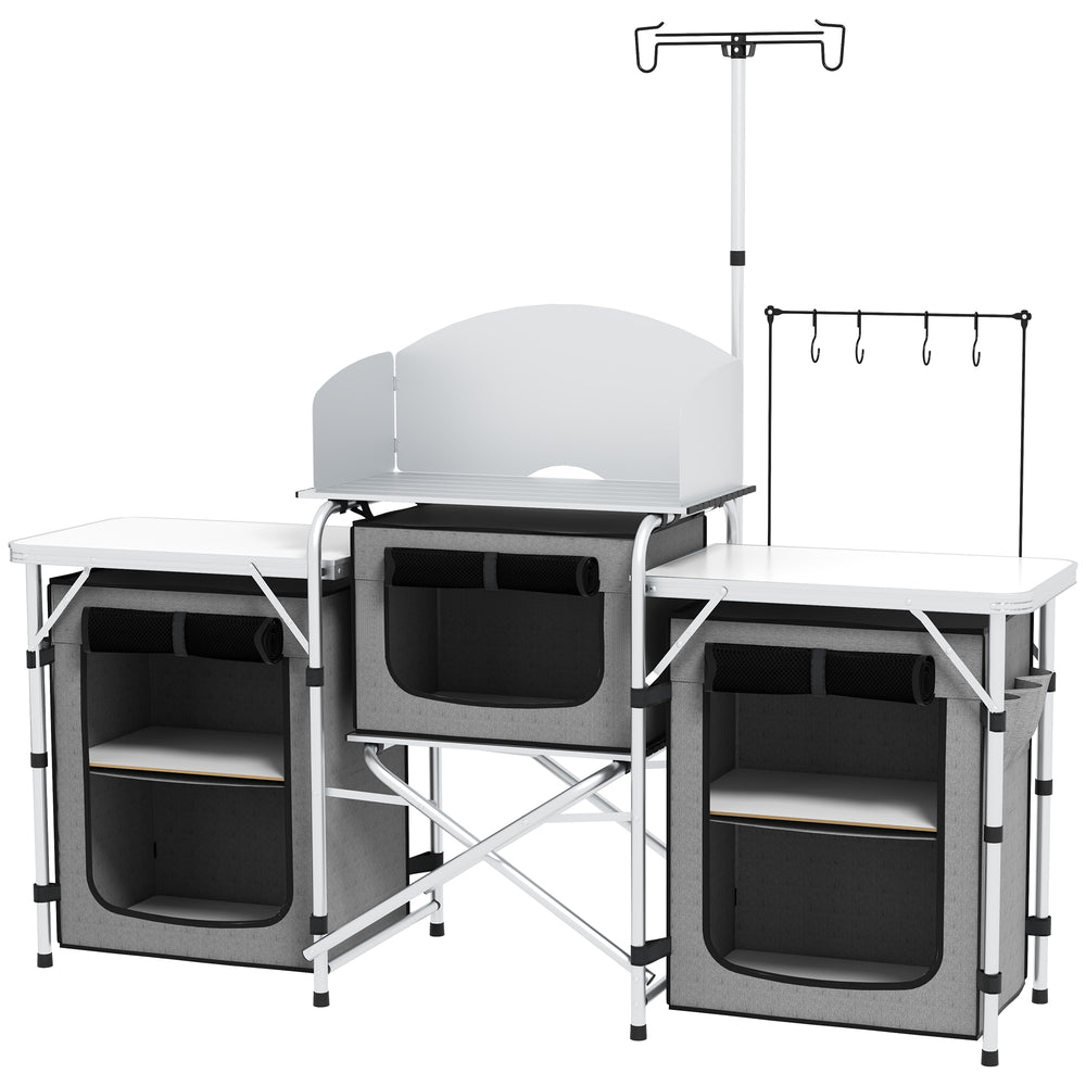 Cuisine de camping en aluminium pliante et portable avec placards en tissu, grise