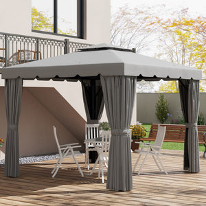 10' x 10' Outdoor Patio Gazebo Double Soft-top Garden Shelter Tent with Curtains, &amp; Mesh Screen Drapes, Light Gray