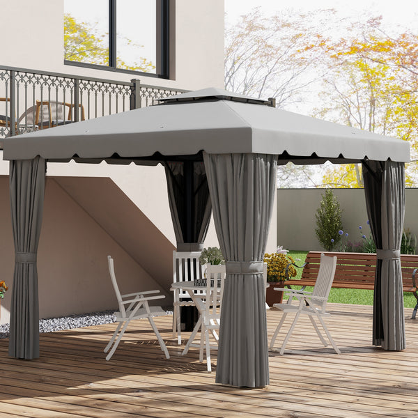 10' x 10' Outdoor Patio Gazebo Double Soft-top Garden Shelter Tent with Curtains, &amp; Mesh Screen Drapes, Light Gray