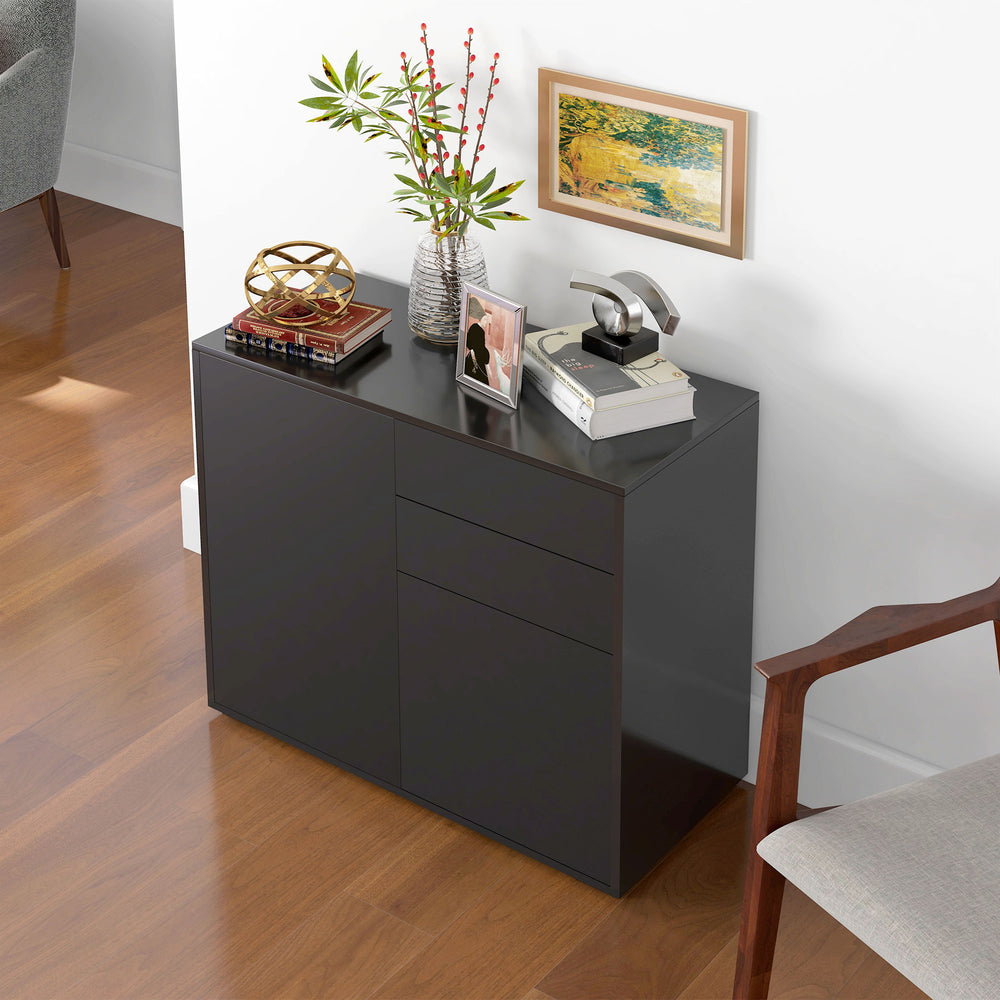 Buffet laqué brillant avec 2 tiroirs, 2 portes et une étagère réglable, ouverture par simple pression, noir