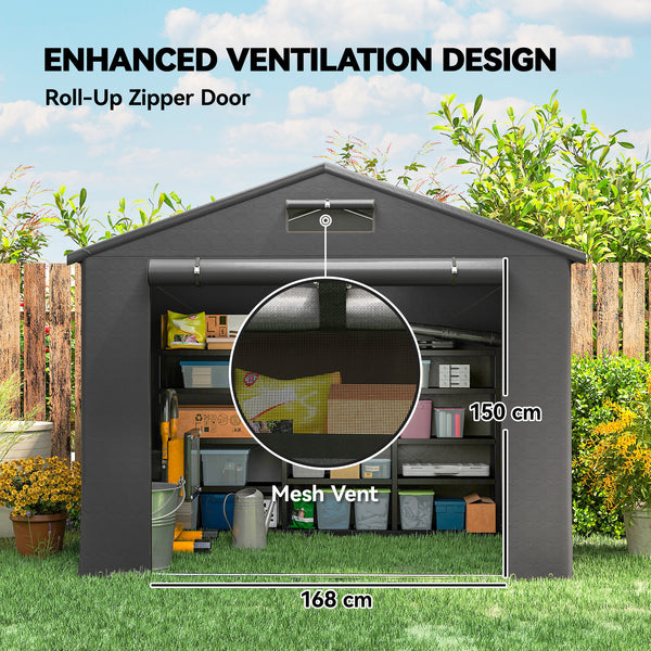 Waterproof portable garden shed with roll-up zip door, dark grey