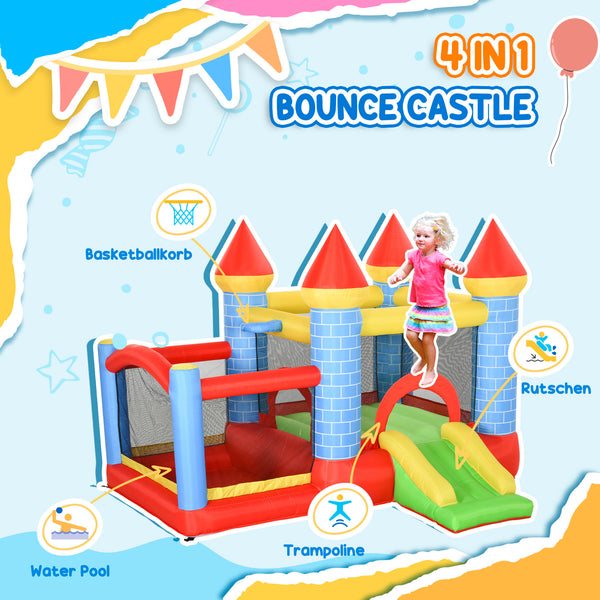 Château gonflable 9,2 x 9,5 pi, 4 en 1 pour enfants avec trampoline, toboggan, piscine, panier et souffleur