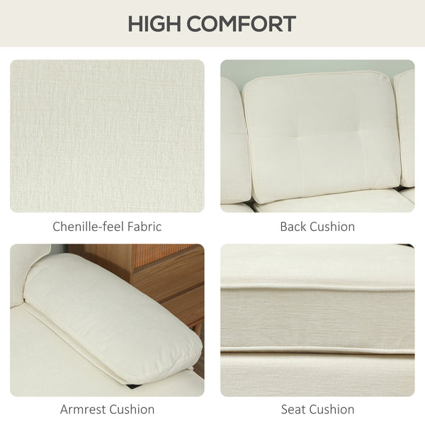 Modern corner sofa with right chaise longue, 3 seater upholstered sofa with wooden legs, cream white