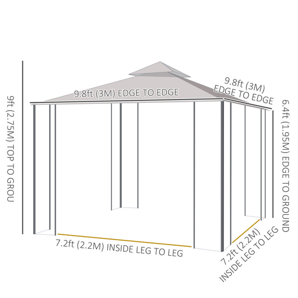 10' x 10' Steel Outdoor Patio Gazebo Canopy with Removable Mesh Curtains, Display Shelves, & Steel Frame, Brown