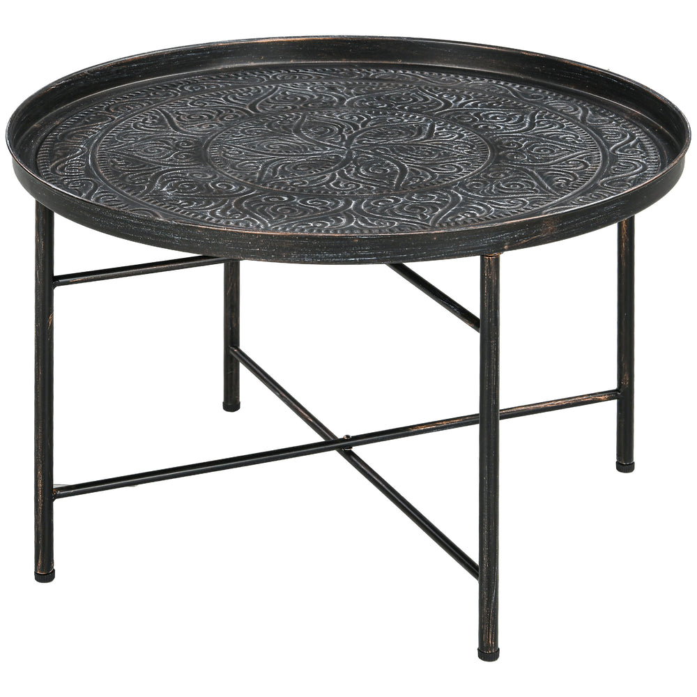 Table basse vintage ronde de 61 cm avec plateau martelé et structure en métal, couleur étain
