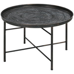 Table basse vintage ronde de 61 cm avec plateau martelé et structure en métal, couleur étain