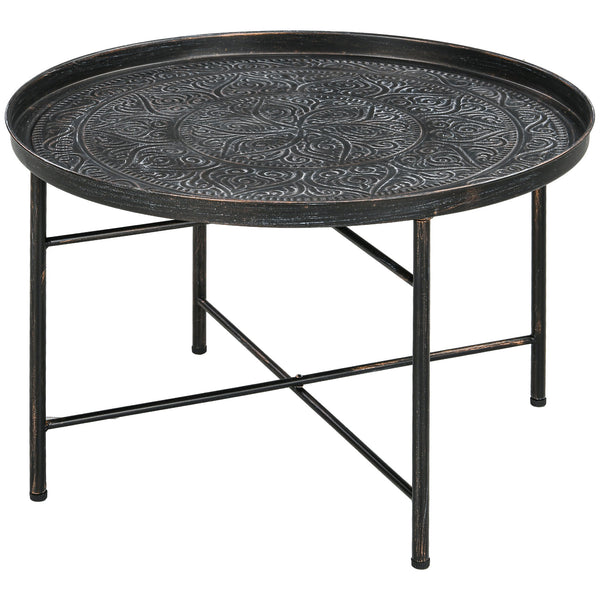 Table basse vintage ronde de 61 cm avec plateau martelé et structure en métal, couleur étain