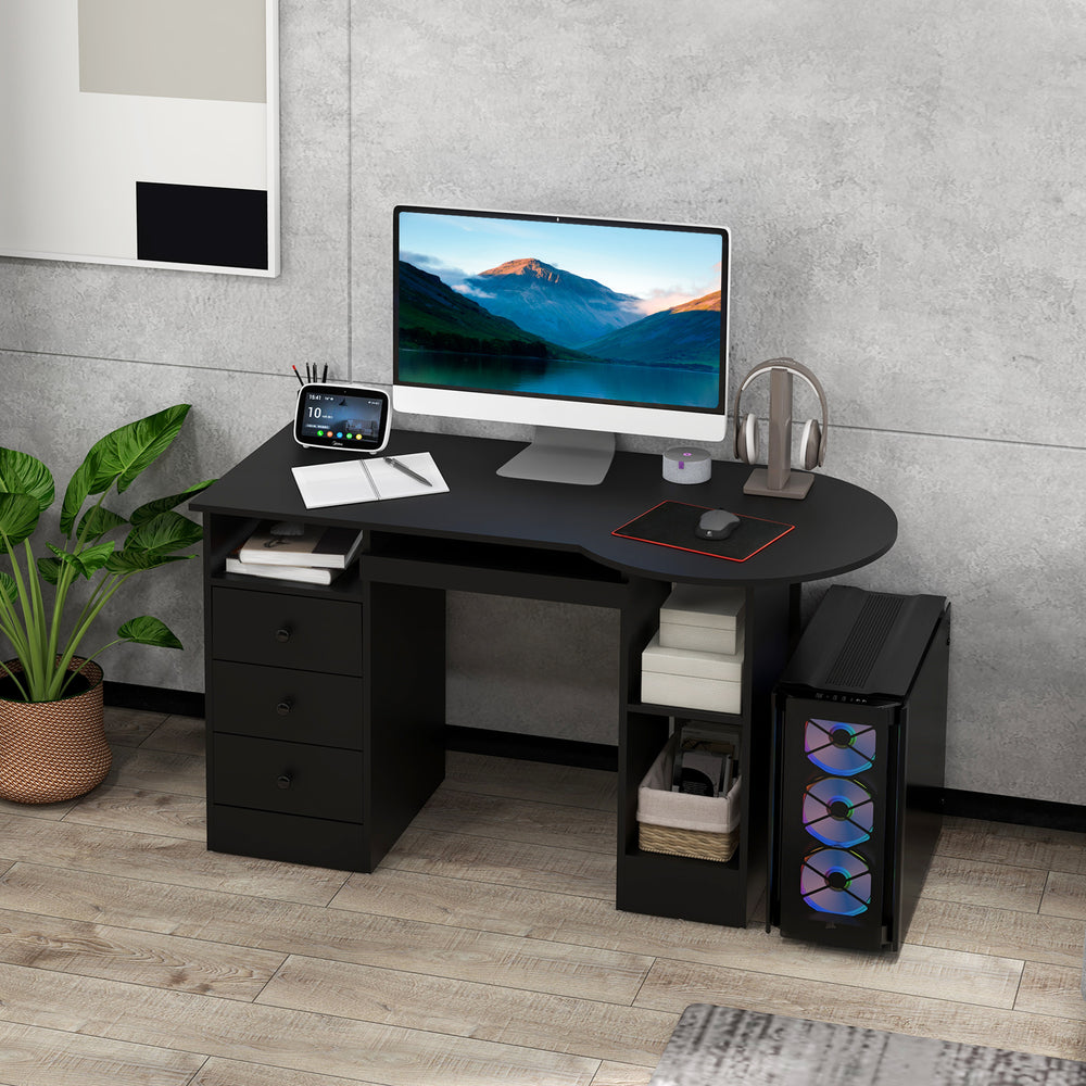 Bureau d'ordinateur avec étagères et tiroirs, plateau pour clavier, noir