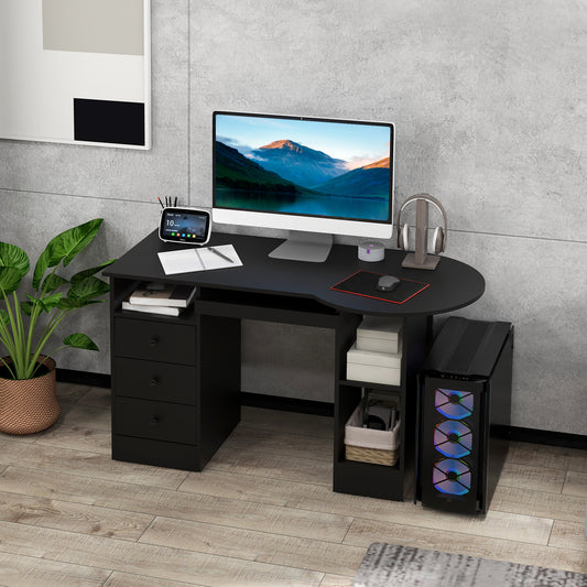 Bureau d'ordinateur avec étagères et tiroirs, plateau pour clavier, noir