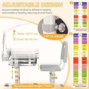 Ensemble bureau et chaise réglable en hauteur avec plateau inclinable, gris