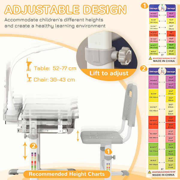 Ensemble bureau et chaise réglable en hauteur avec plateau inclinable, gris