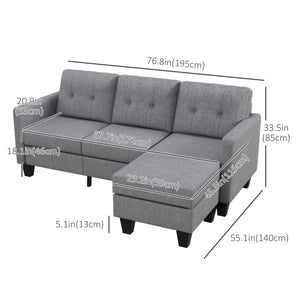 Canapé d'angle 3 places avec pouf, coussin épais et pieds en bois, gris clair