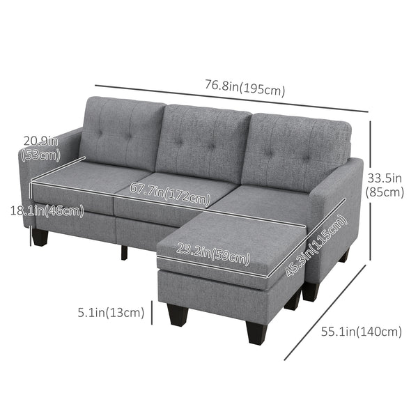 Canapé d'angle 3 places avec pouf, coussin épais et pieds en bois, gris clair