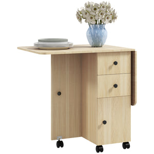 Drop Leaf Dining Table, Mobile Folding Table on Wheels with Drawers and Cabinet for Dining Room, Kitchen, Natural Wood