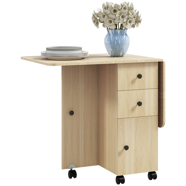 Drop Leaf Dining Table, Mobile Folding Table on Wheels with Drawers and Cabinet for Dining Room, Kitchen, Natural Wood