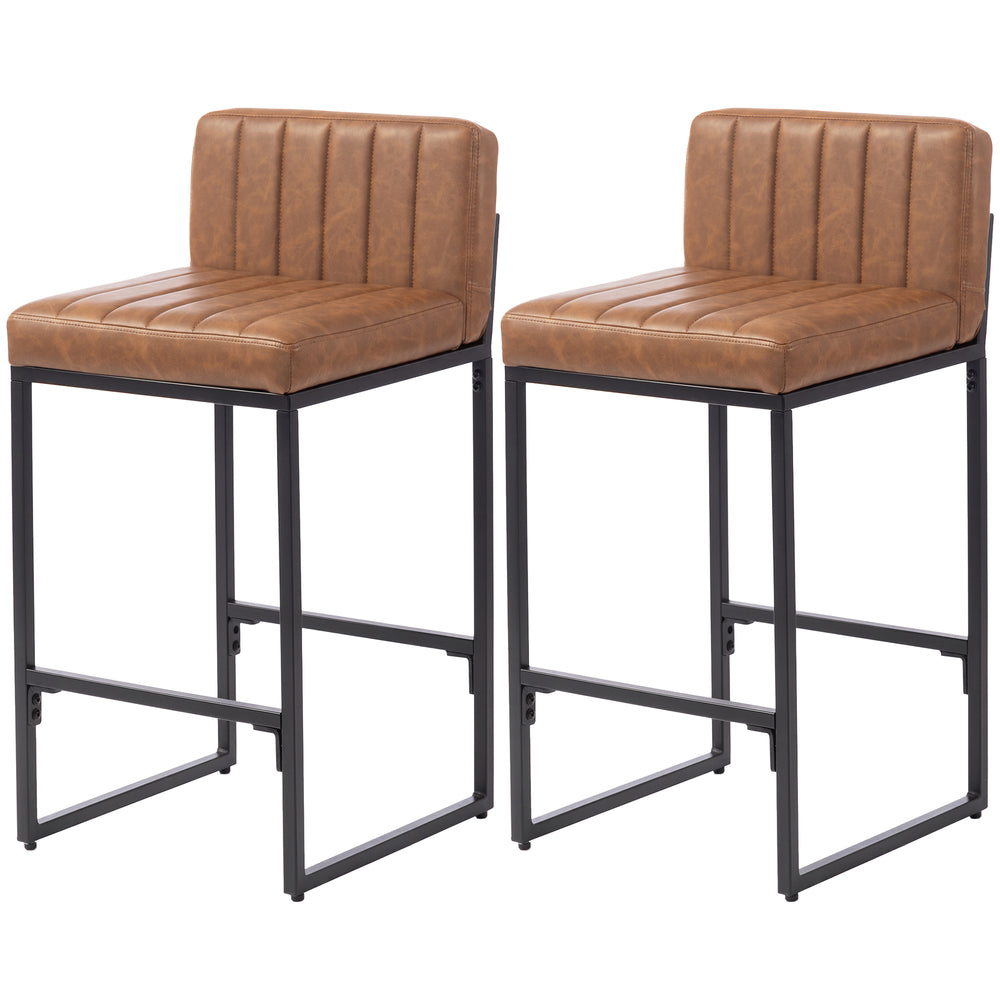 Tabourets de bar lot de 2, tabourets de comptoir rembourrés rétro avec dossier et pieds en métal, cuir PU vintage, marron