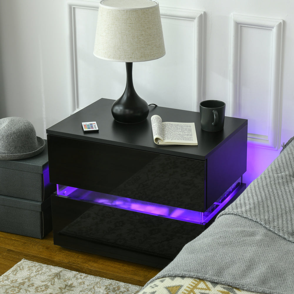 Table de chevet moderne avec 2 tiroirs et éclairage LED RGB alimenté par USB, noire.