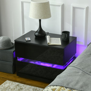 Modern Bedside Table with 2 Drawers and USB Powered RGB LED Lighting, Black.