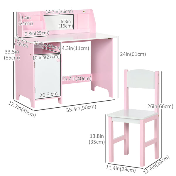 Ensemble bureau et chaises pour enfants avec tableau blanc, rangement et étagères, rose