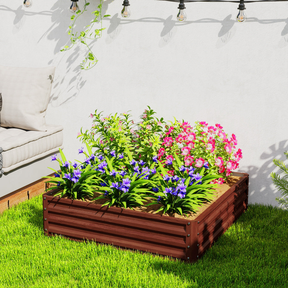 Raised planter in galvanized steel, dark brown wood effect