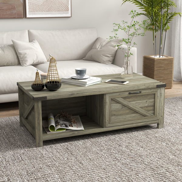 Table basse rustique avec tiroir et étagère de rangement, gris