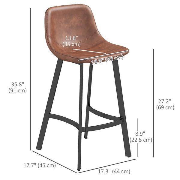 Set of 2 padded bar stools with backrest and steel legs, brown