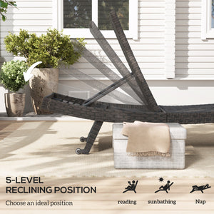 Chaise longue pliante d'extérieur en rotin inclinable avec dossier réglable sur 5 niveaux et roulettes, marron mélangé
