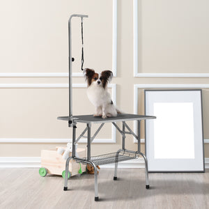 Stainless steel dog grooming table with adjustable arm and basket