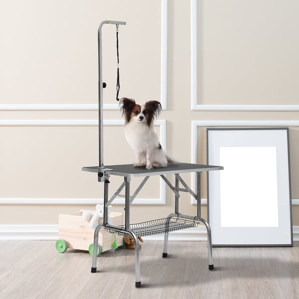 Stainless steel dog grooming table with adjustable arm and basket