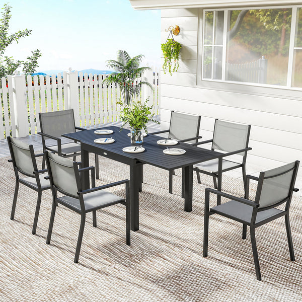Ensemble de salle à manger d'extérieur 7 pièces en aluminium pour 6 personnes avec plateau extensible et chaises empilables