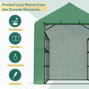 Portable greenhouse with 18 shelves and roll-up door