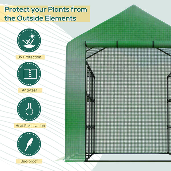 Portable greenhouse with 18 shelves and roll-up door