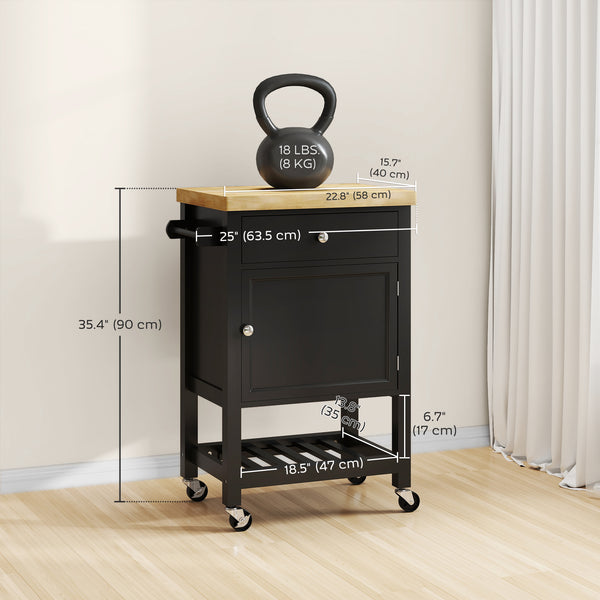 Îlot de cuisine sur roulettes avec plateau en bois, porte-serviettes, tiroir et étagère, noir