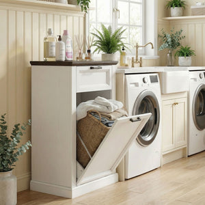 Meuble poubelle de 38 litres avec tiroir, style ferme, effet bois blanc