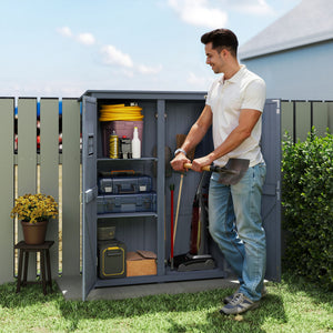Wooden garden shed for tools with windows and double door, dark grey