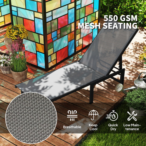 Outdoor Lounge Chair Set of 2, 5-Position Reclining Outdoor Chaise Lounge Tanning Chair with Mesh Seat, Grey