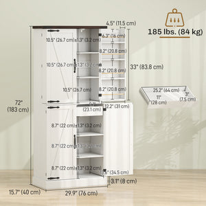 Armoire de cuisine de 183 cm de haut, style ferme, avec 8 portes et étagères réglables, blanche.