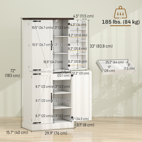 Armoire de cuisine de 183 cm de haut, style ferme, avec 8 portes et étagères réglables, blanche.