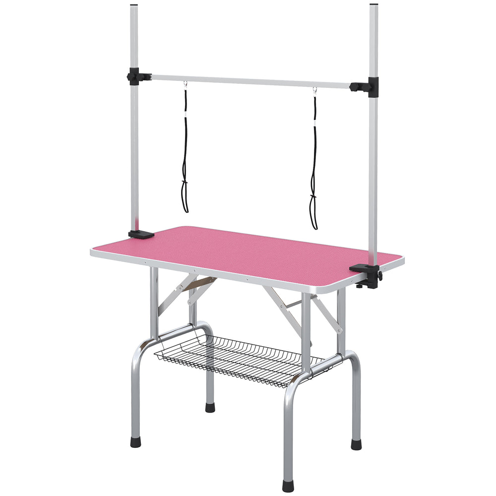Table de toilettage réglable pour chiens avec 2 sangles de sécurité et panier de rangement, rose