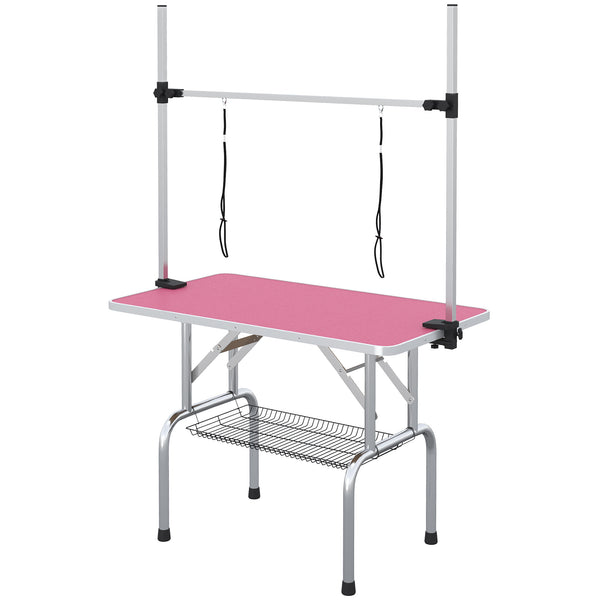 Adjustable Dog Grooming Table with 2 Safety Straps and Storage Basket, Pink