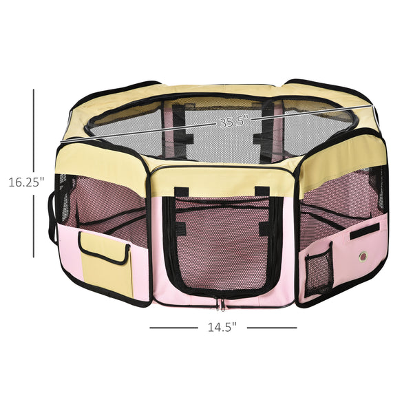 Portable playpen with pink carry bag