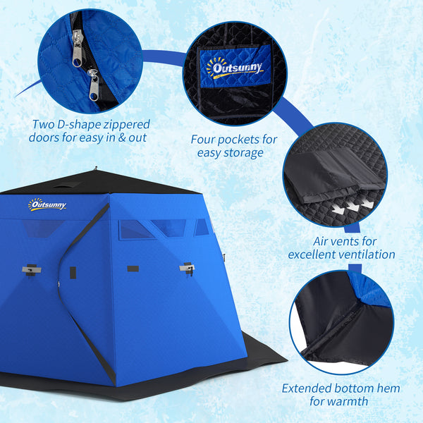 Insulated ice fishing shelter for 4 people, portable and foldable with carry bag and two doors, for temperatures down to -30°C, blue