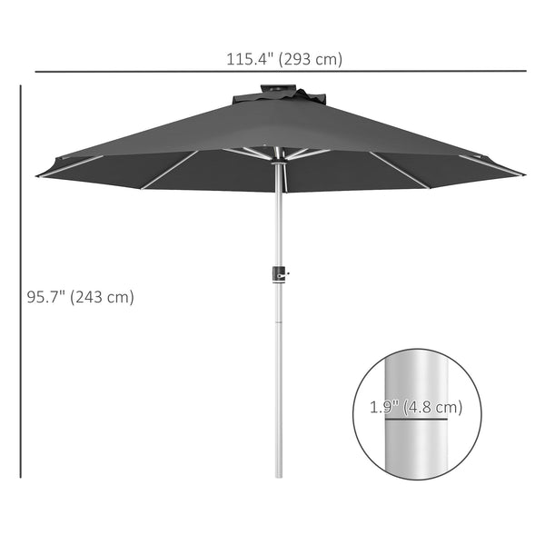 Parasol lumineux à LED de 9,6 pieds avec 4 modes d'éclairage, chargement solaire et USB, gris anthracite
