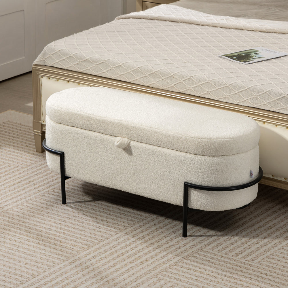 Pouf de rangement avec couvercle relevable et pieds en acier, blanc crème