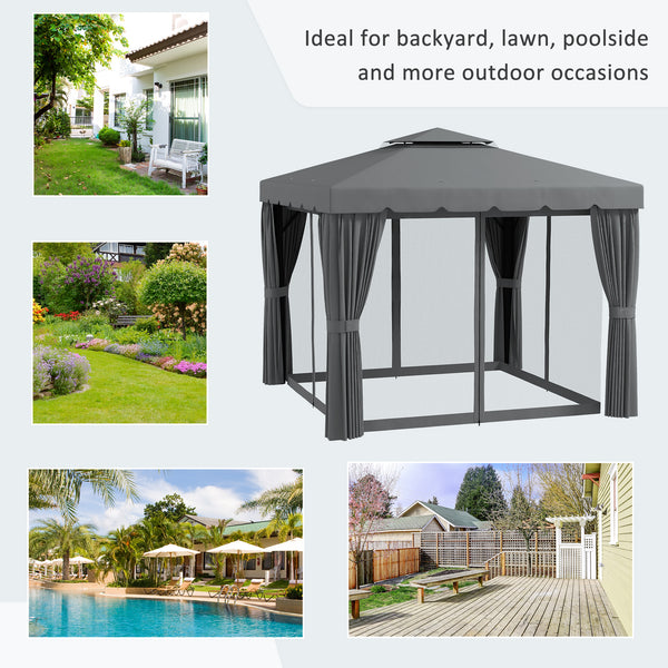 10' x 10' Outdoor Patio Gazebo Double Soft-top Garden Shelter Tent with Curtains, &amp; Mesh Screen Drapes, Light Gray