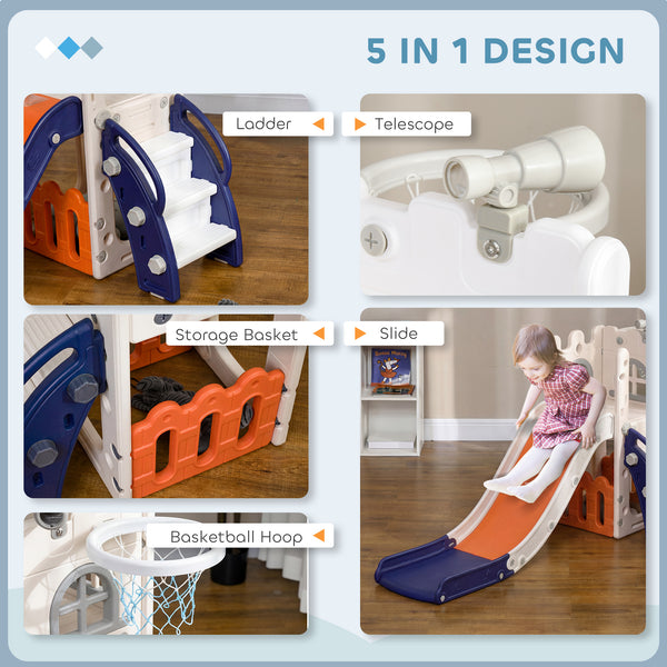 Toboggan 5 en 1 avec panier de basket, structure d'escalade, télescope et panier de rangement