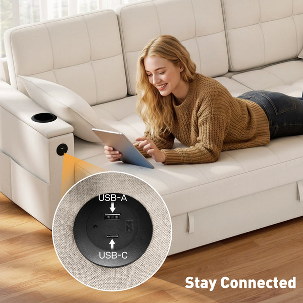 Convertible Sectional Sofa Bed, Pull Out Sleeper Sofa Couch with USB‑A+C, Chaise Storage, L-Shaped Futon Couch, Beige